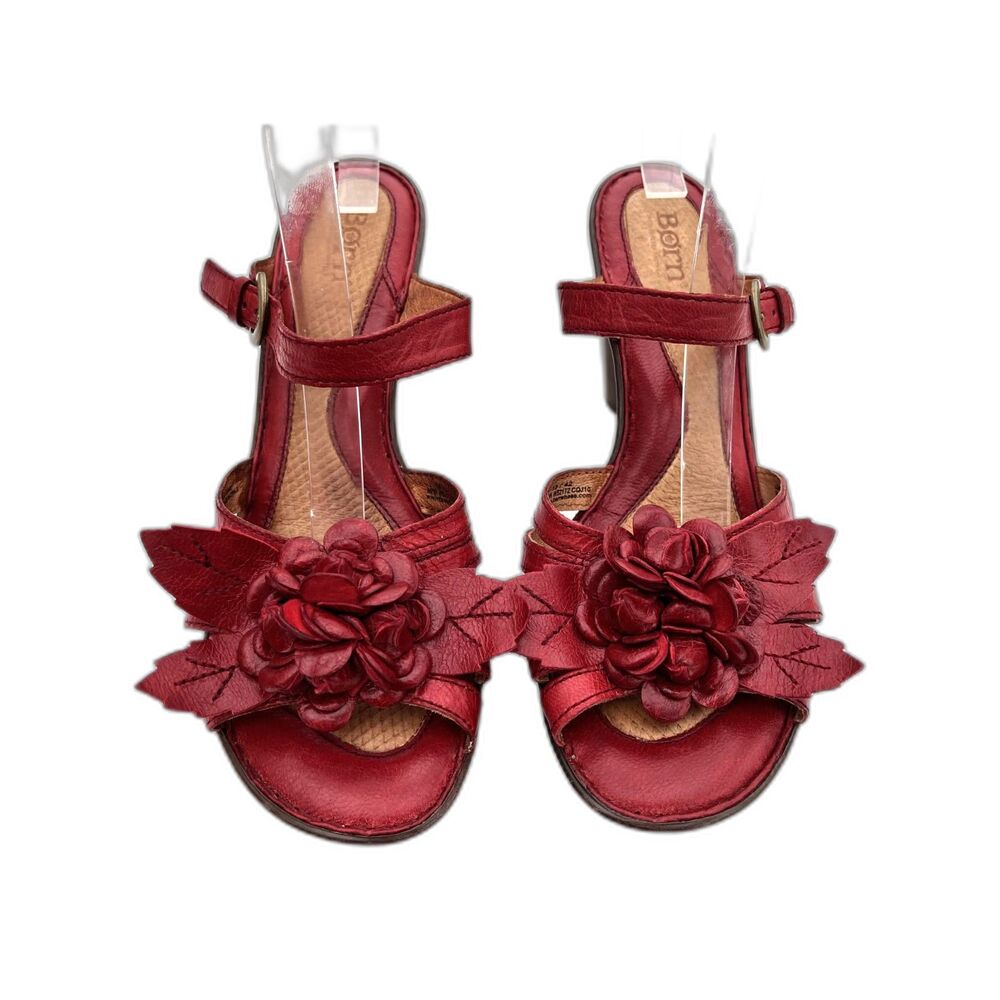 Born Red Leather Floral Rosette Heeled Sandals Women's 10.5 Ankle Strap - Picture 12 of 12